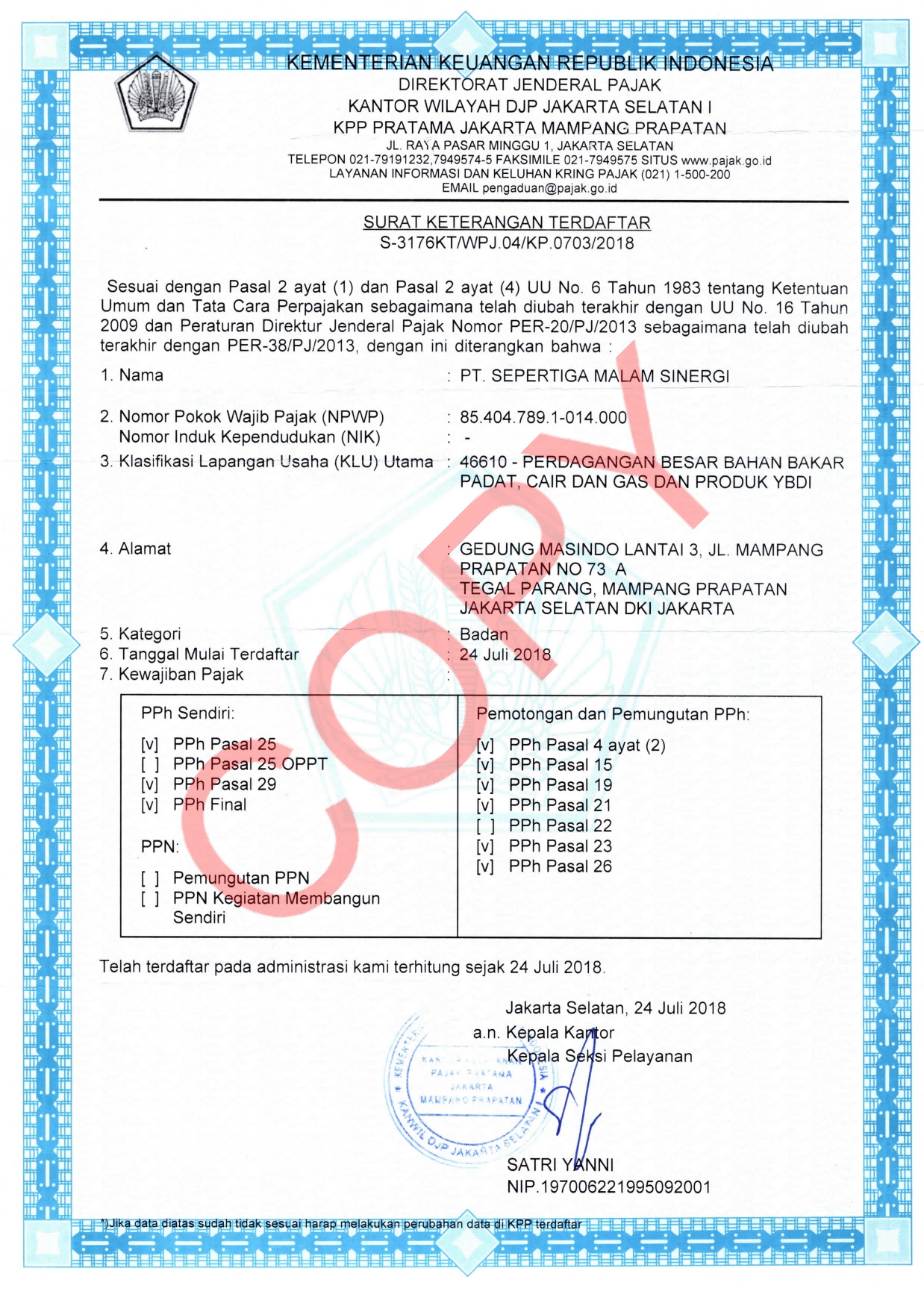 SKT No. S-3176KT/WPJ04/KP 0703/2018