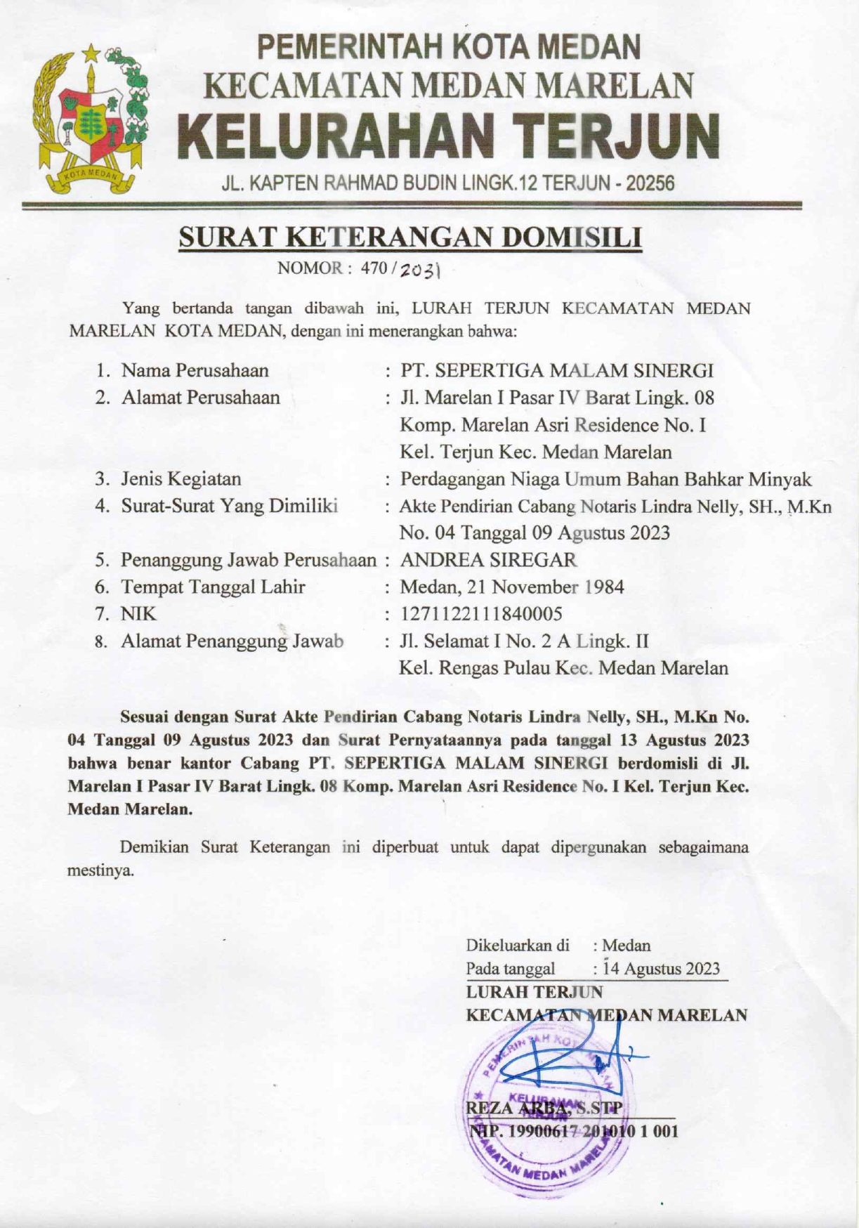 SURAT KETERANGAN DOMISILI CABANG No. 470/2031